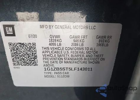 2020 Chevrolet Malibu Ls z USA, uszkodzony, nr VIN 1G1ZB5ST5LF143011